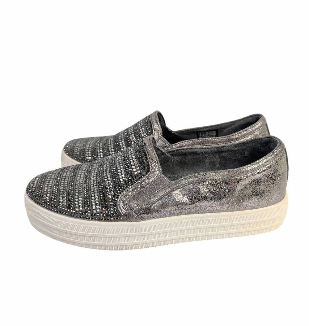 Skechers Street rhinestone silver gunmetal metallic slip on sneaker womens 6 - Picture 3 of 8